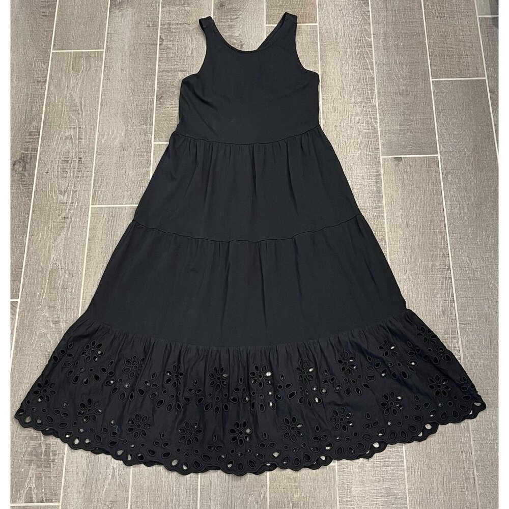 J. Crew Women’s Tiered knit dress eyelet trim Small Black Embroidery Stretch - Picture 3 of 12